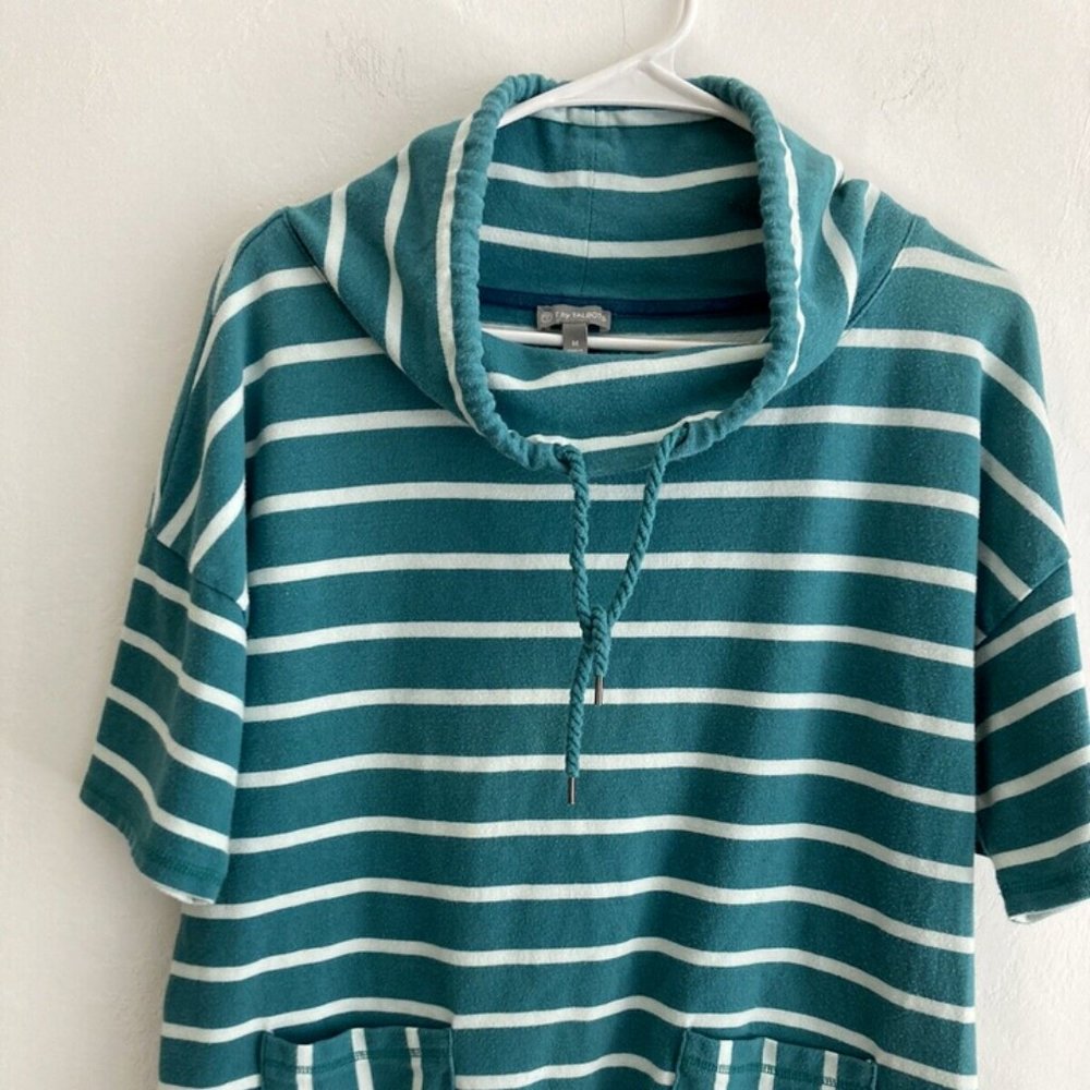 T by Talbots Womens Pullover Top Sz M Sh Sleeves Tie Neck Pockets Green …